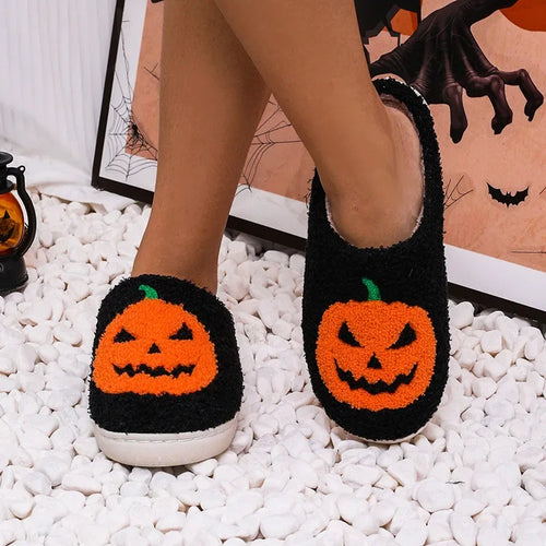 Cozy Halloween Pumpkin Slippers Women Soft Plush Non Slip Indoor
