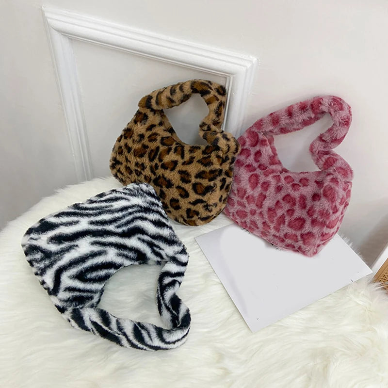 Stylish Leopard Pattern Tote Bag Soft Plush Handbag Underarm Shoulder