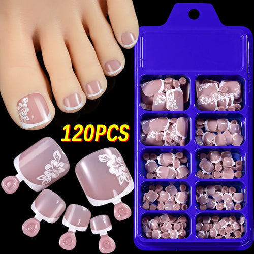 120Pcs 9-Colors French Fake Toenails Summer Short Sqaure Press On Toe