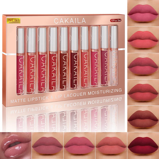CAKAILA 10pcs/set Nude Lip Gloss Matte Velvet Lipstick Waterproof