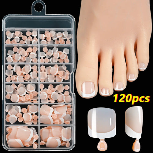 120Pcs 9-Colors French Fake Toenails Summer Short Sqaure Press On Toe