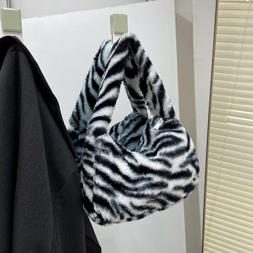 Stylish Leopard Pattern Tote Bag Soft Plush Handbag Underarm Shoulder