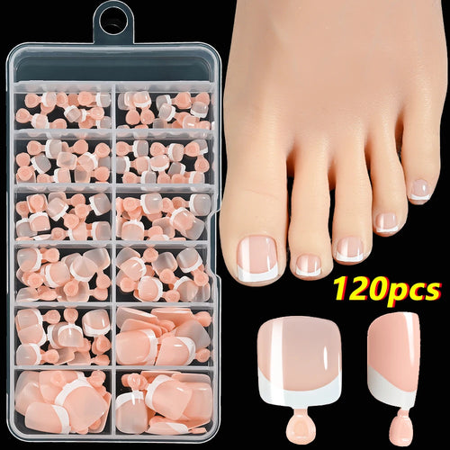 120Pcs 9-Colors French Fake Toenails Summer Short Sqaure Press On Toe