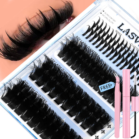 Lasvirey Cluster Lashes Kit DIY Fluffy Lash Clusters 4 IN 1 Mixed Full