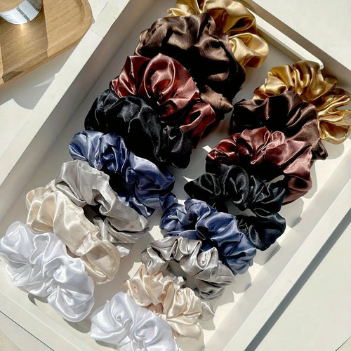 16-piece set of soft satin hair ties in pink and brown colors |