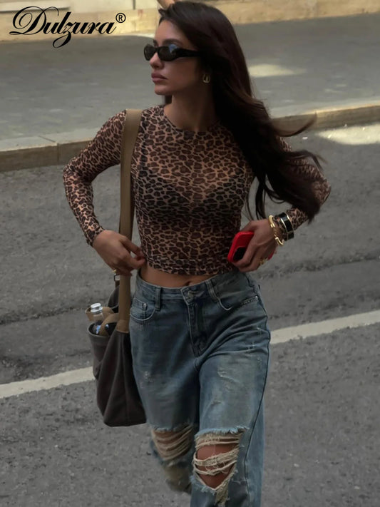 Dulzura Sexy Long Sleeves Tops Mesh T Shirt Leopard Printed Bodycon