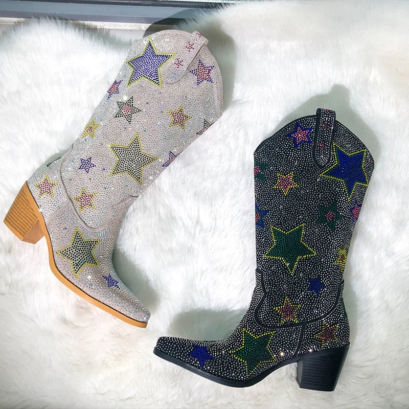 Onlymaker Women Rhinestone  Mid-Calf Boots Glitter Bling Shiny Western