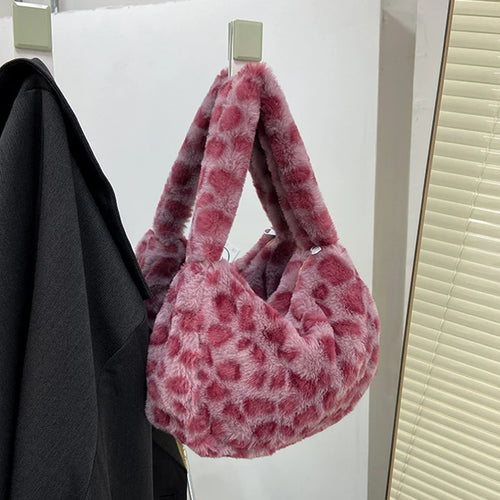 Stylish Leopard Pattern Tote Bag Soft Plush Handbag Underarm Shoulder