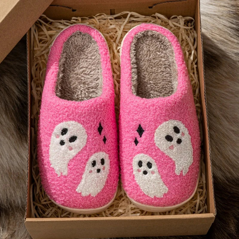 Halloween Slippers Women's Winter Pink Cute Ghost Indoor Cartoon