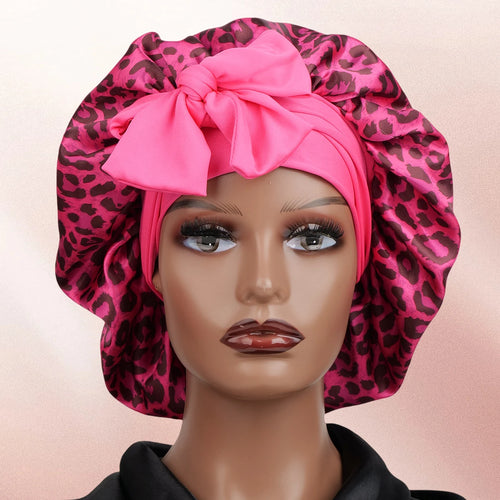 Silky Satin Sleep Bonnet Leopard Print Adjustable Tie Band Hair Cover
