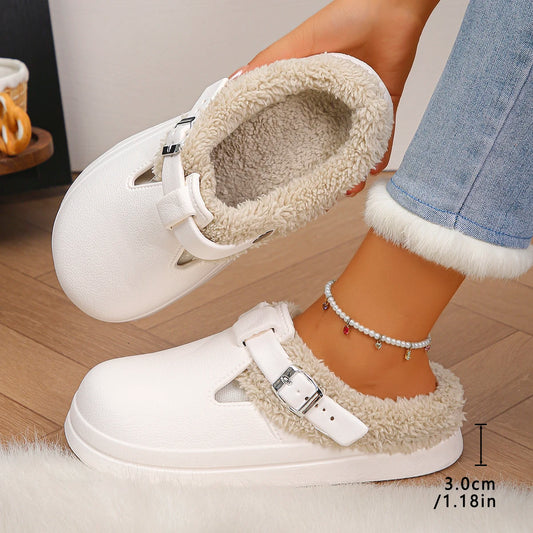 Waterproof Eva Furry Mules Slippers Women 2025 Winter Metal Buckle
