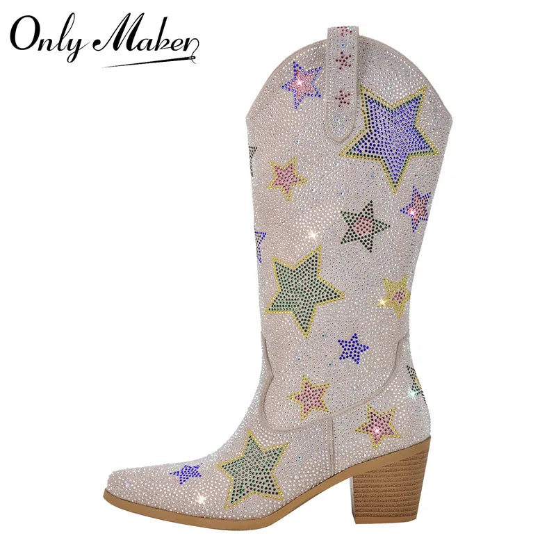 Onlymaker Women Rhinestone  Mid-Calf Boots Glitter Bling Shiny Western