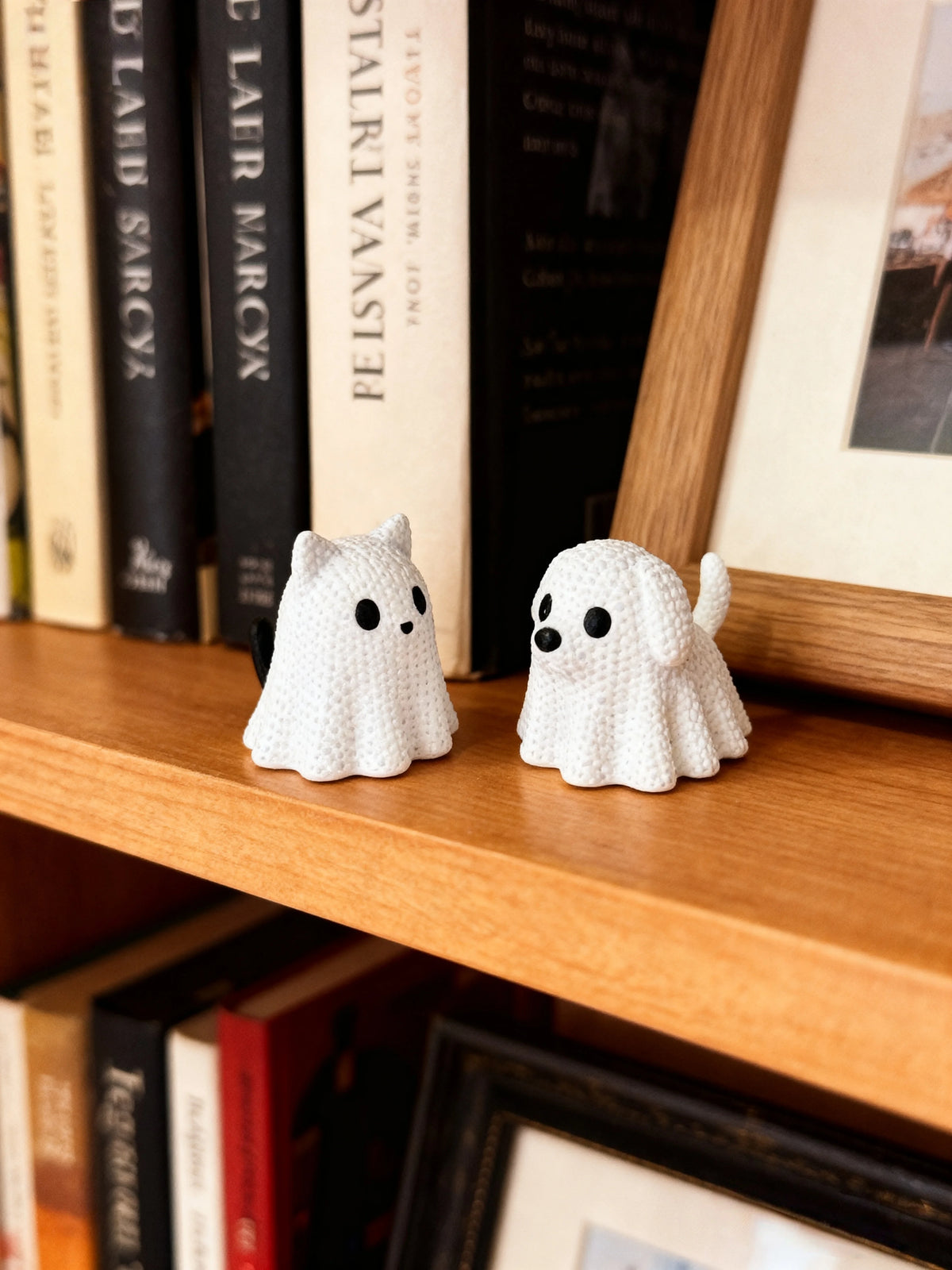 2 pieces - Ghost Cat and Ghost Dog holiday statue decorations, made of