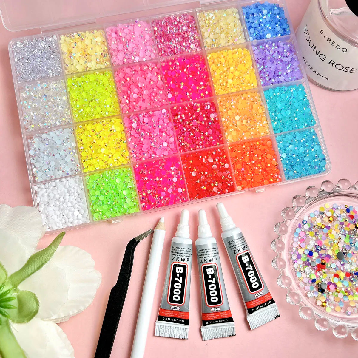 Shiny Flatback Rhinestones Kit with B 7000 Glue Tweezers Picker Pen