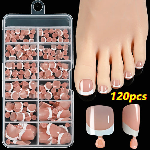 120Pcs 9-Colors French Fake Toenails Summer Short Sqaure Press On Toe