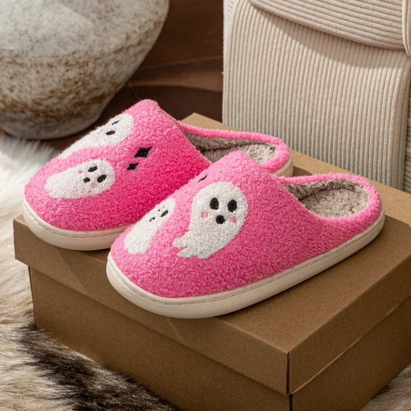 Halloween Slippers Women's Winter Pink Cute Ghost Indoor Cartoon