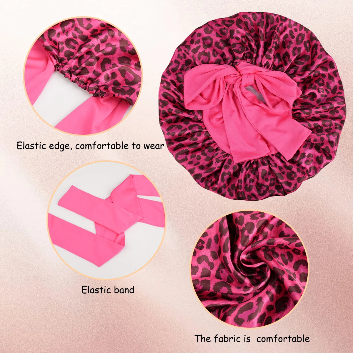 Silky Satin Sleep Bonnet Leopard Print Adjustable Tie Band Hair Cover