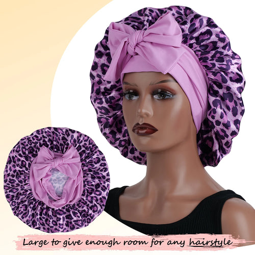 Silky Satin Sleep Bonnet Leopard Print Adjustable Tie Band Hair Cover