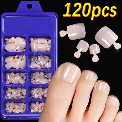 120Pcs 9-Colors French Fake Toenails Summer Short Sqaure Press On Toe