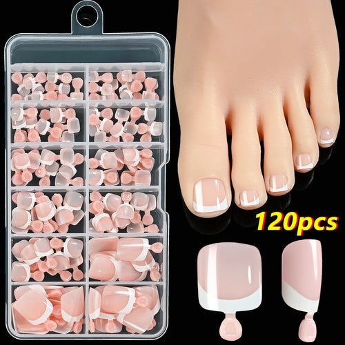 120Pcs 9-Colors French Fake Toenails Summer Short Sqaure Press On Toe