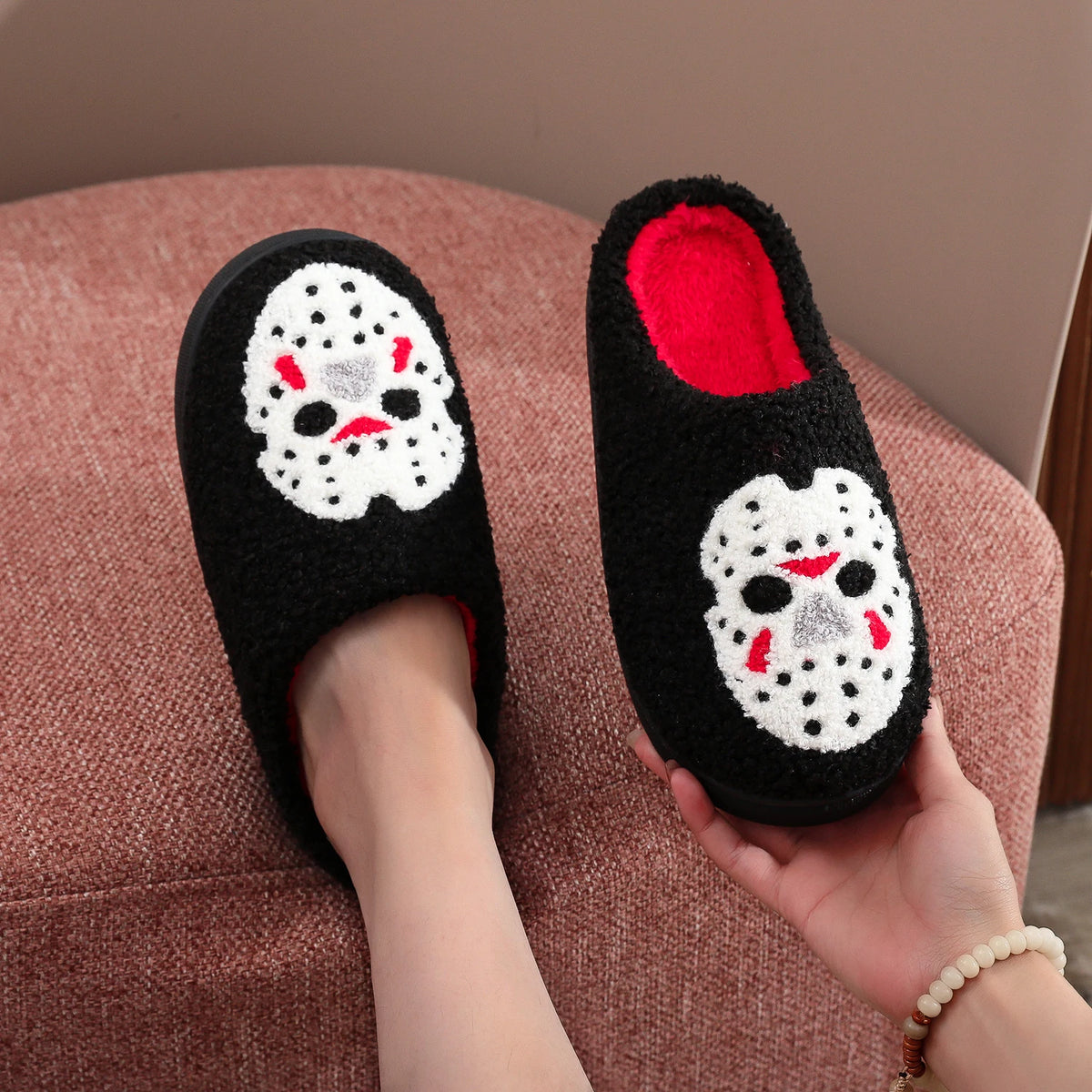 A Pair of Black Halloween Horror Mask Skull Pattern Embroidered Plush