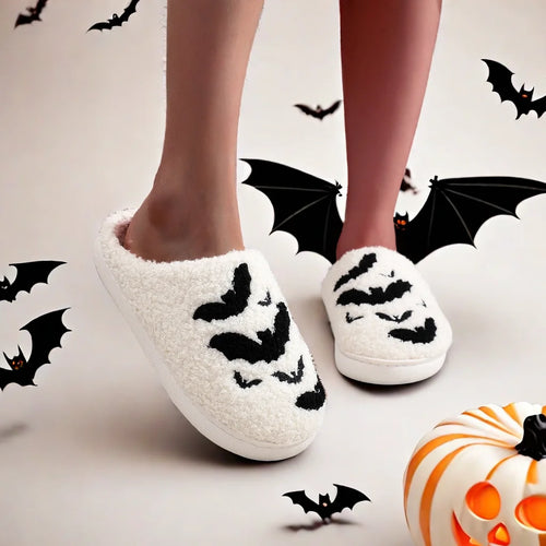 Halloween Bat Pattern Embroidered Plush Home Thick-Soled Comfortable