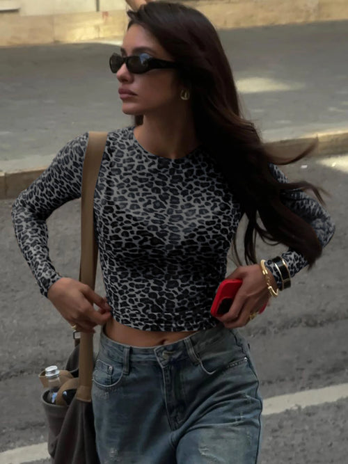 Dulzura Sexy Long Sleeves Tops Mesh T Shirt Leopard Printed Bodycon