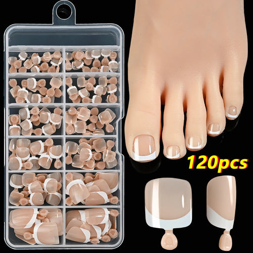 120Pcs 9-Colors French Fake Toenails Summer Short Sqaure Press On Toe
