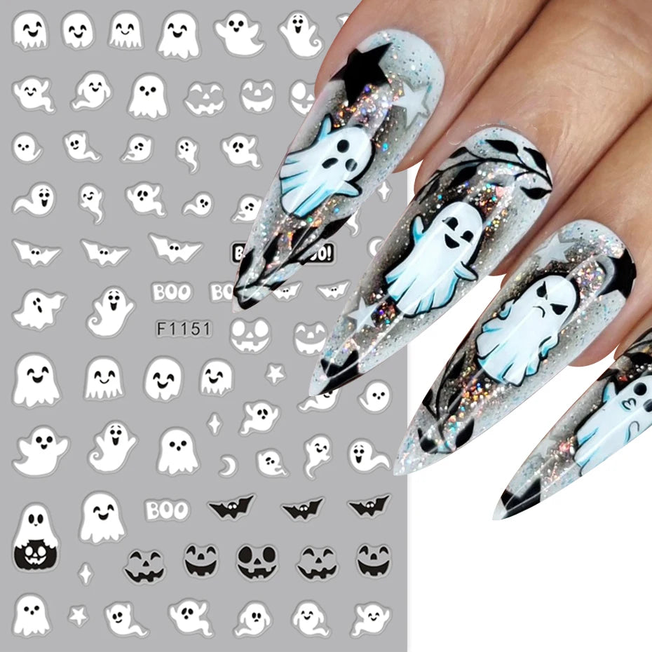 2pcs Luminous Halloween Spooky Nail Stickers White Ghost Pumpkin