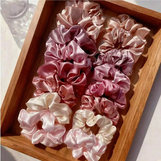 16-piece set of soft satin hair ties in pink and brown colors |