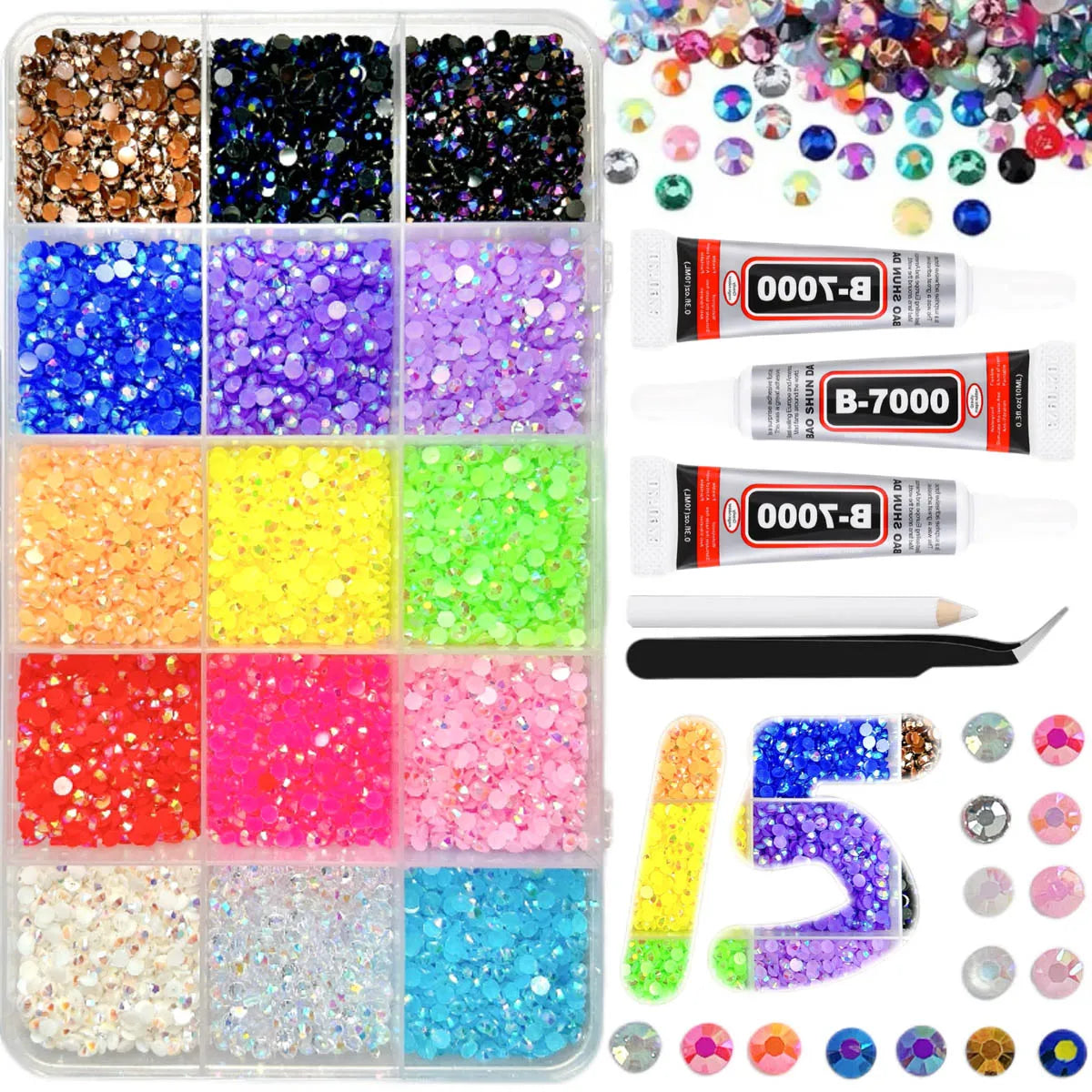 Shiny Flatback Rhinestones Kit with B 7000 Glue Tweezers Picker Pen