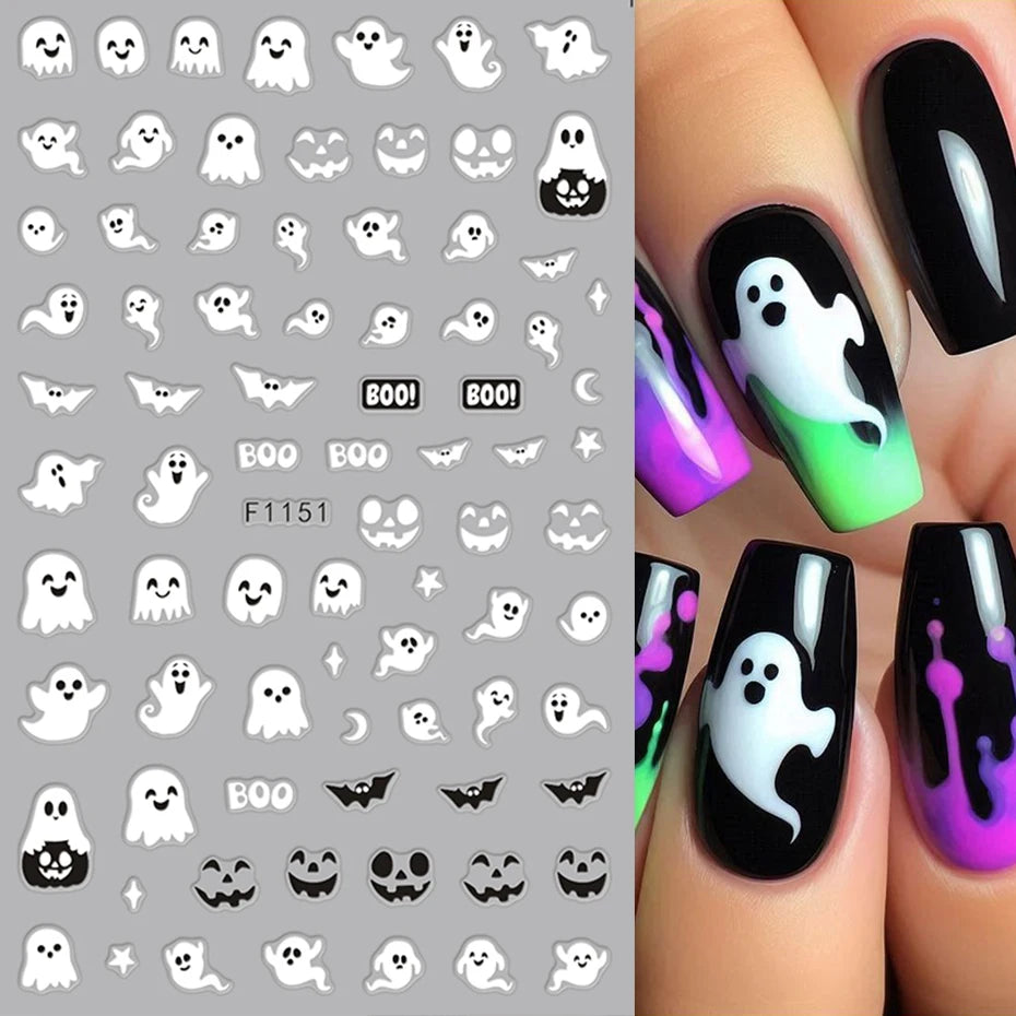 2pcs Luminous Halloween Spooky Nail Stickers White Ghost Pumpkin