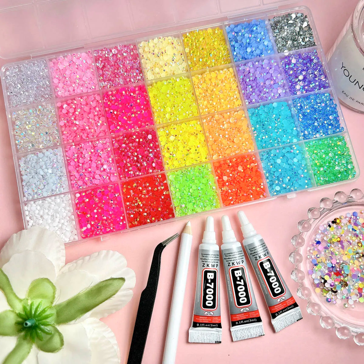 Shiny Flatback Rhinestones Kit with B 7000 Glue Tweezers Picker Pen