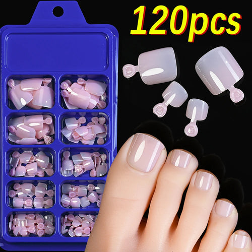 120Pcs 9-Colors French Fake Toenails Summer Short Sqaure Press On Toe