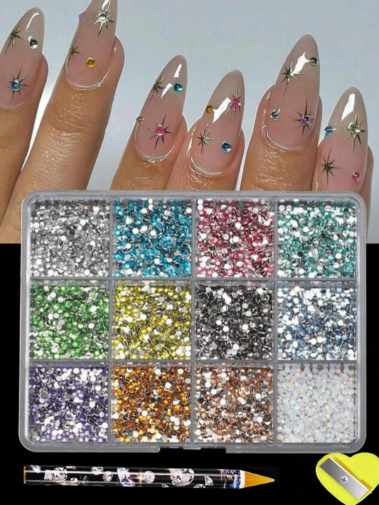 12Grids 6000pcs 3D Resin Nail Art Rhinestones with Tools 2mm Brilliant