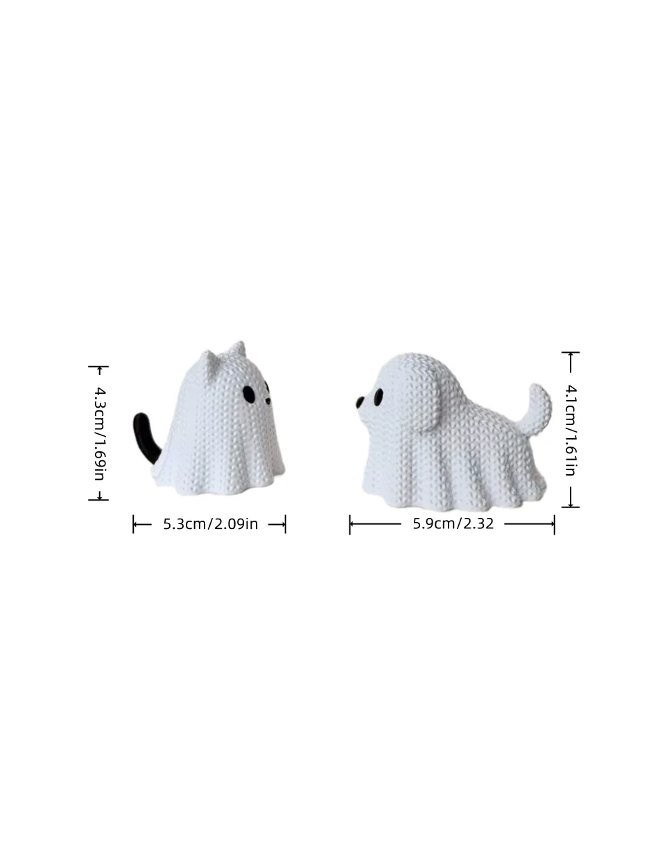 2 pieces - Ghost Cat and Ghost Dog holiday statue decorations, made of