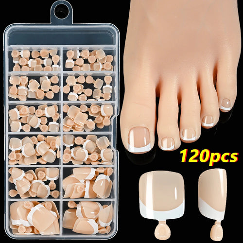 120Pcs 9-Colors French Fake Toenails Summer Short Sqaure Press On Toe