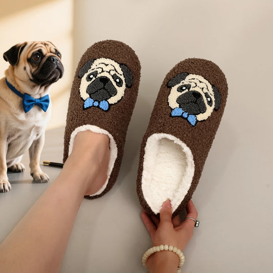 A Pair of Brown Pug Pet Embroider Pattern Plush Home Soft-Soled