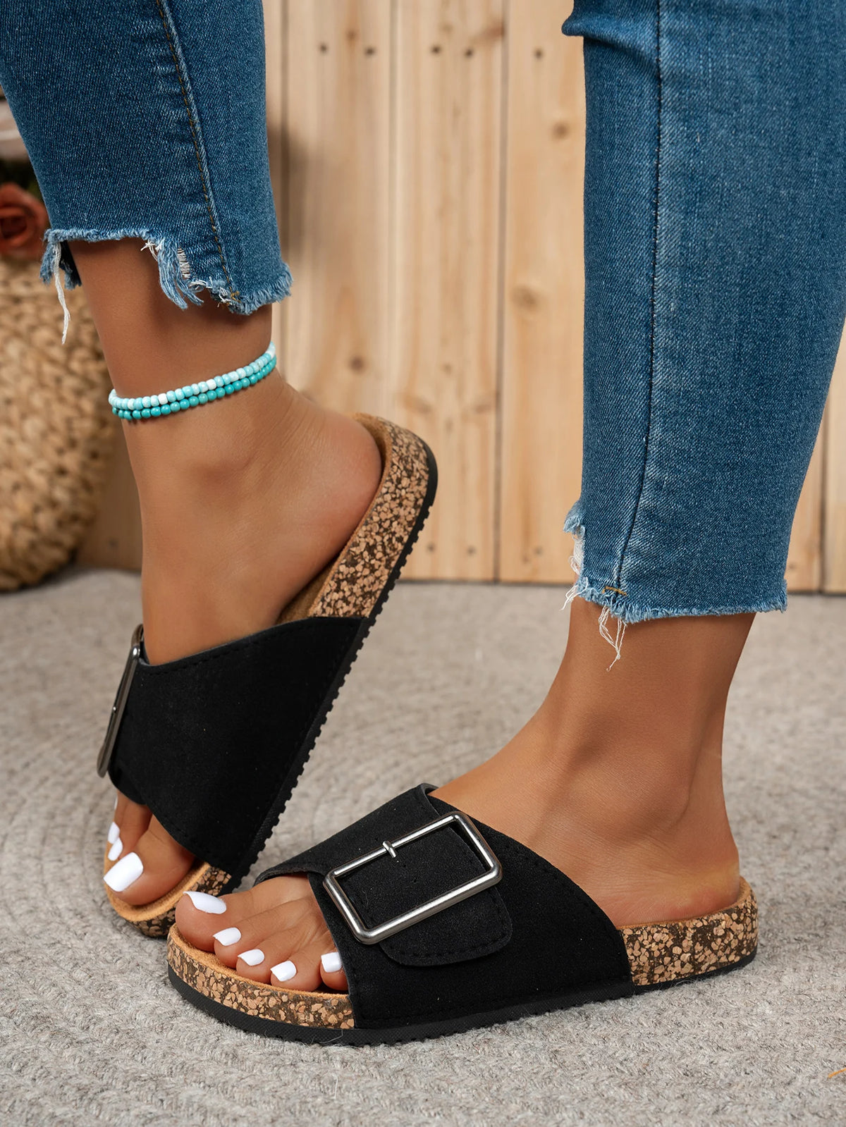 Women's Summer Spring and Autumn Casual Simple Large Buckle Suede