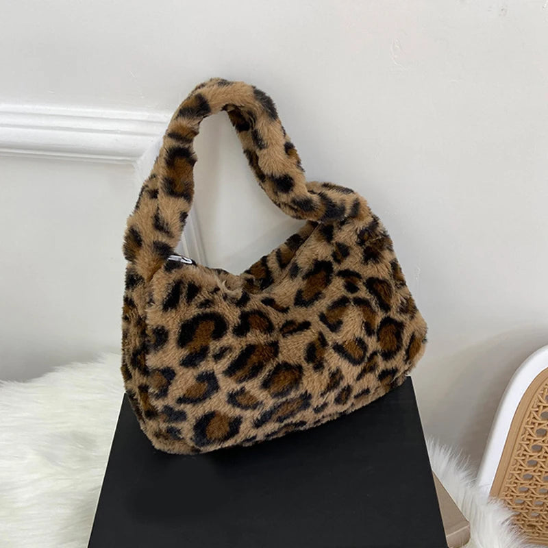 Stylish Leopard Pattern Tote Bag Soft Plush Handbag Underarm Shoulder