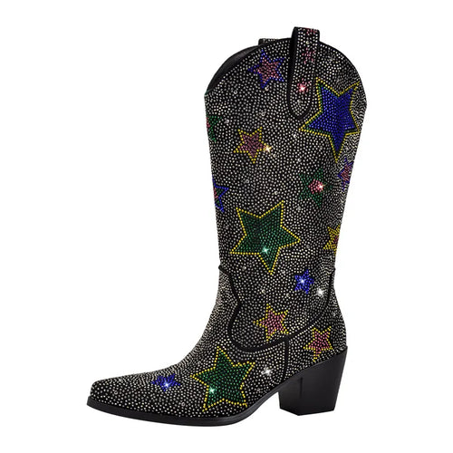 Onlymaker Women Rhinestone  Mid-Calf Boots Glitter Bling Shiny Western