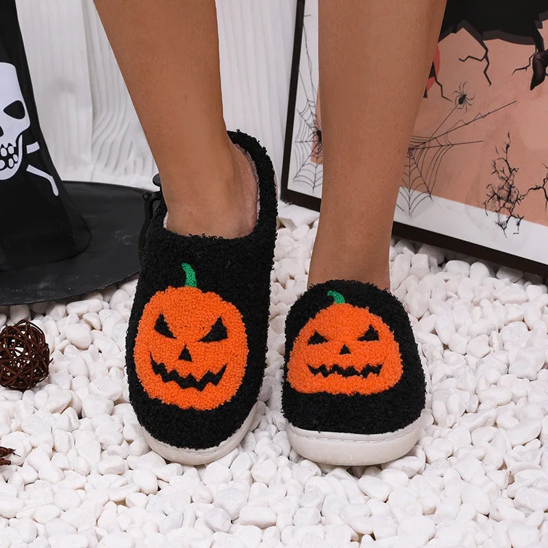 Cozy Halloween Pumpkin Slippers Women Soft Plush Non Slip Indoor