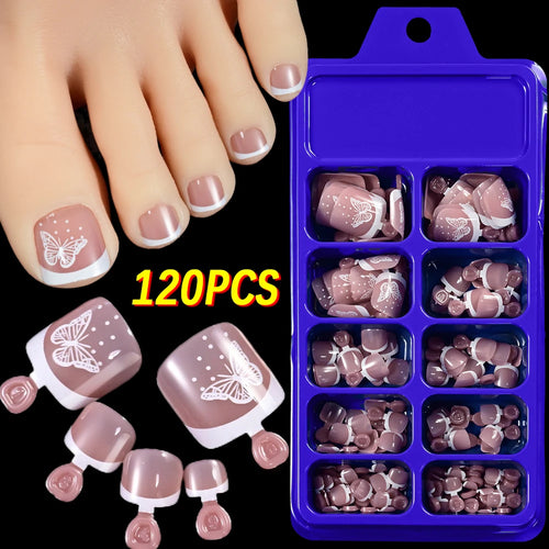 120Pcs 9-Colors French Fake Toenails Summer Short Sqaure Press On Toe