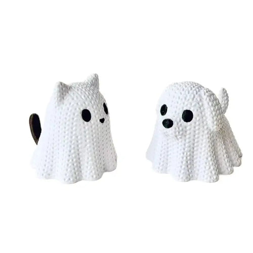 2 pieces - Ghost Cat and Ghost Dog holiday statue decorations, made of