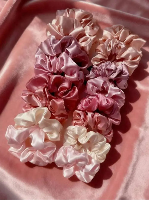 16-piece set of soft satin hair ties in pink and brown colors |