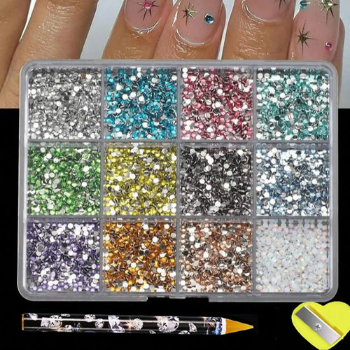 12Grids 6000pcs 3D Resin Nail Art Rhinestones with Tools 2mm Brilliant