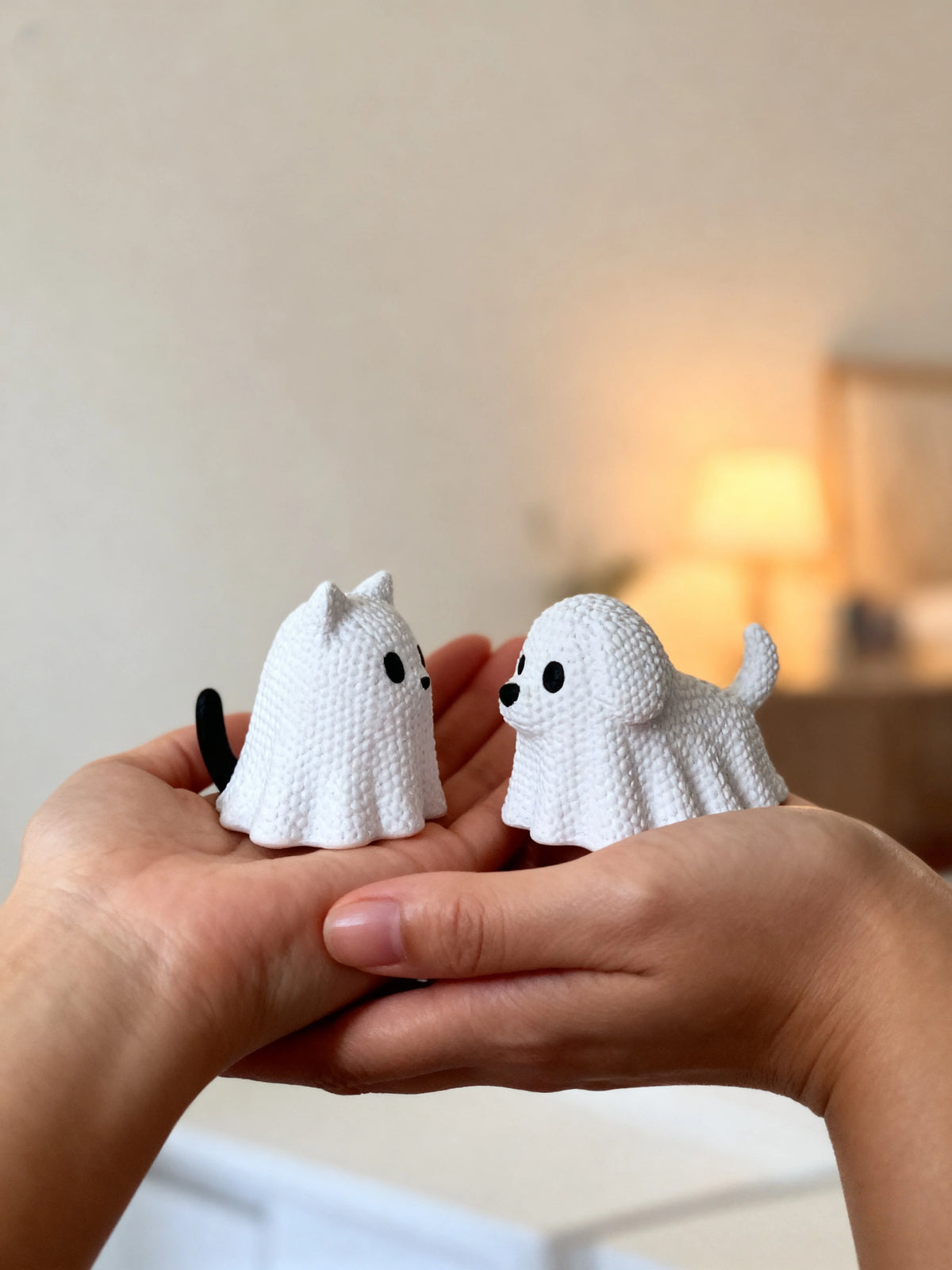 2 pieces - Ghost Cat and Ghost Dog holiday statue decorations, made of