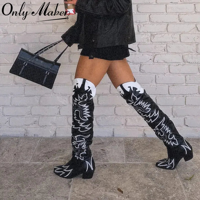 Onlymaker Woman Knee High Boots Western Cowboy Boots Wide Calf