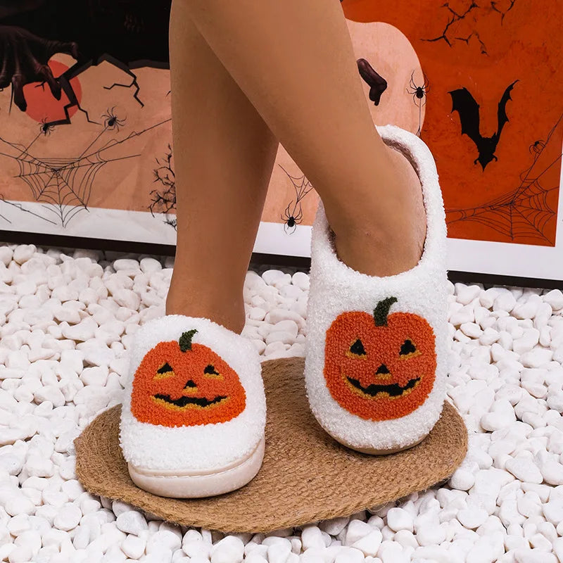 Cozy Halloween Pumpkin Slippers Women Soft Plush Non Slip Indoor