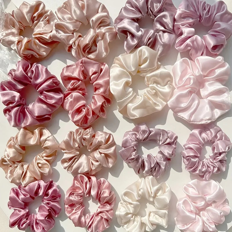 16-piece set of soft satin hair ties in pink and brown colors |
